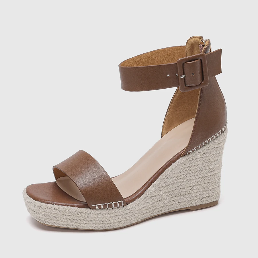EAGSITY  soft Leather shoes wedge espadrilles sadnals women high heel shoes fashion ladies dress pumps wedding party