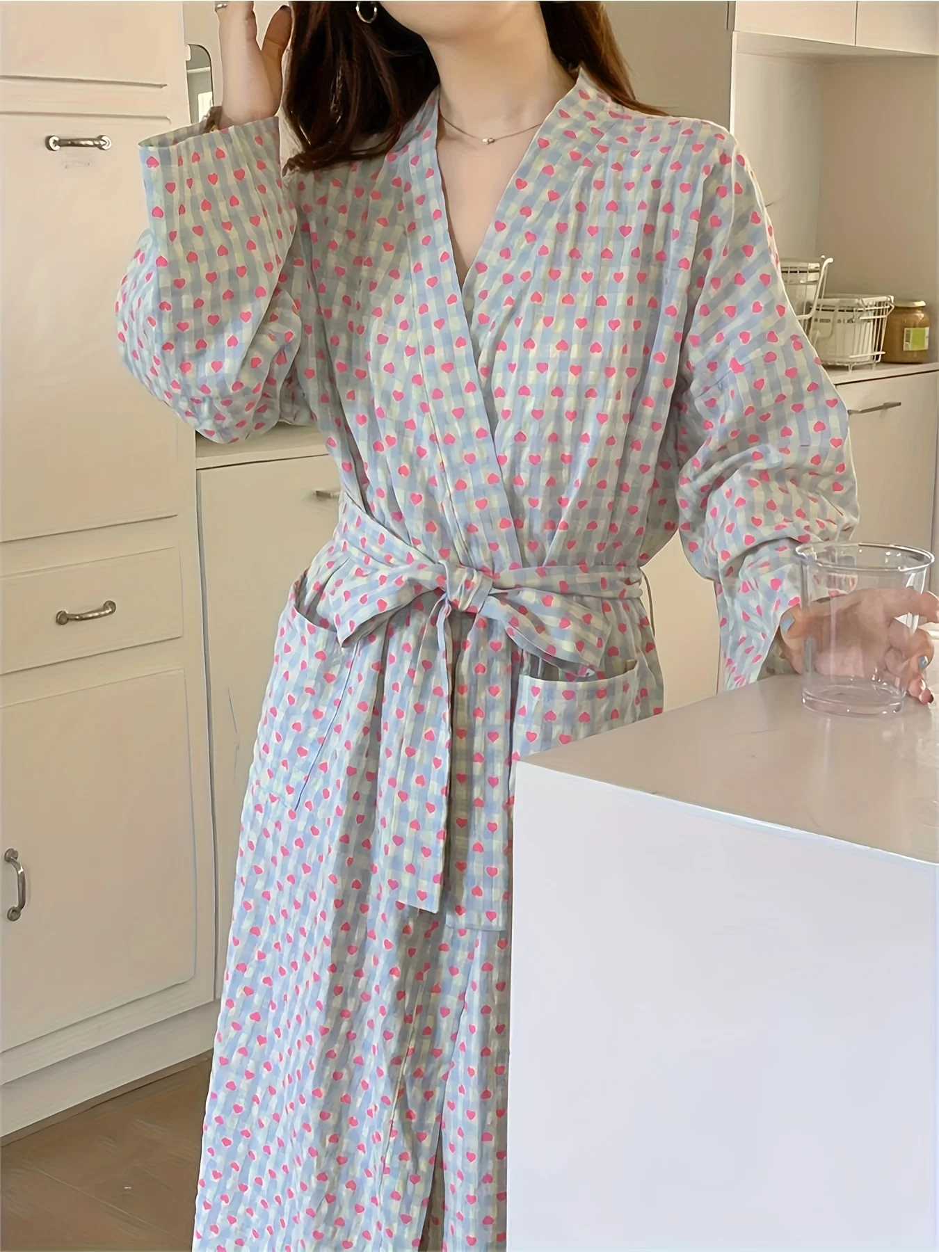 

New Women's Love Plaid Bathrobe Spring Summer Medium-Long Loose Sweet Homewear