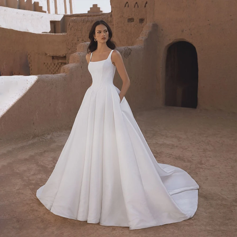 Simple Wedding Dresses Square Collar A Line Satin Bride Dress with Pockets for Women Vestidos De Novia Bridal Gown Customized