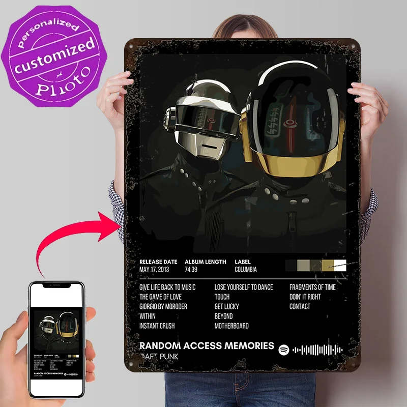 Póster con Textura Impresa en 3D de Daft Punk - Random Access Memories, Arte de Pared Personalizado, Letreros Metálicos Retro para Decoración de Habitaciones