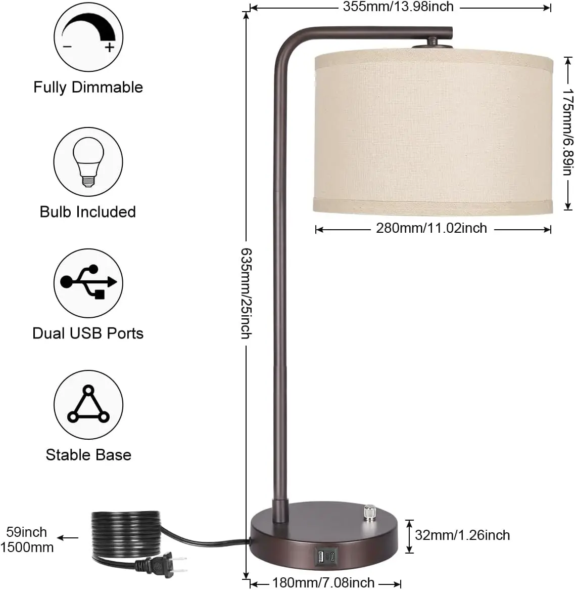 Luminária de Mesa USB Moderna com Luz Regulável, Lâmpada LED de 9W Incluída para Quarto e Escritório