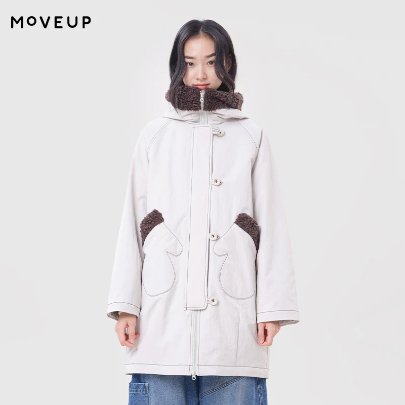 MOVEUP Mid-Length Padded Winter Coats for Woman FUN Series Hooded Woven Label 2026 Winter New Daily Commuter Outerwear 3ELD20931