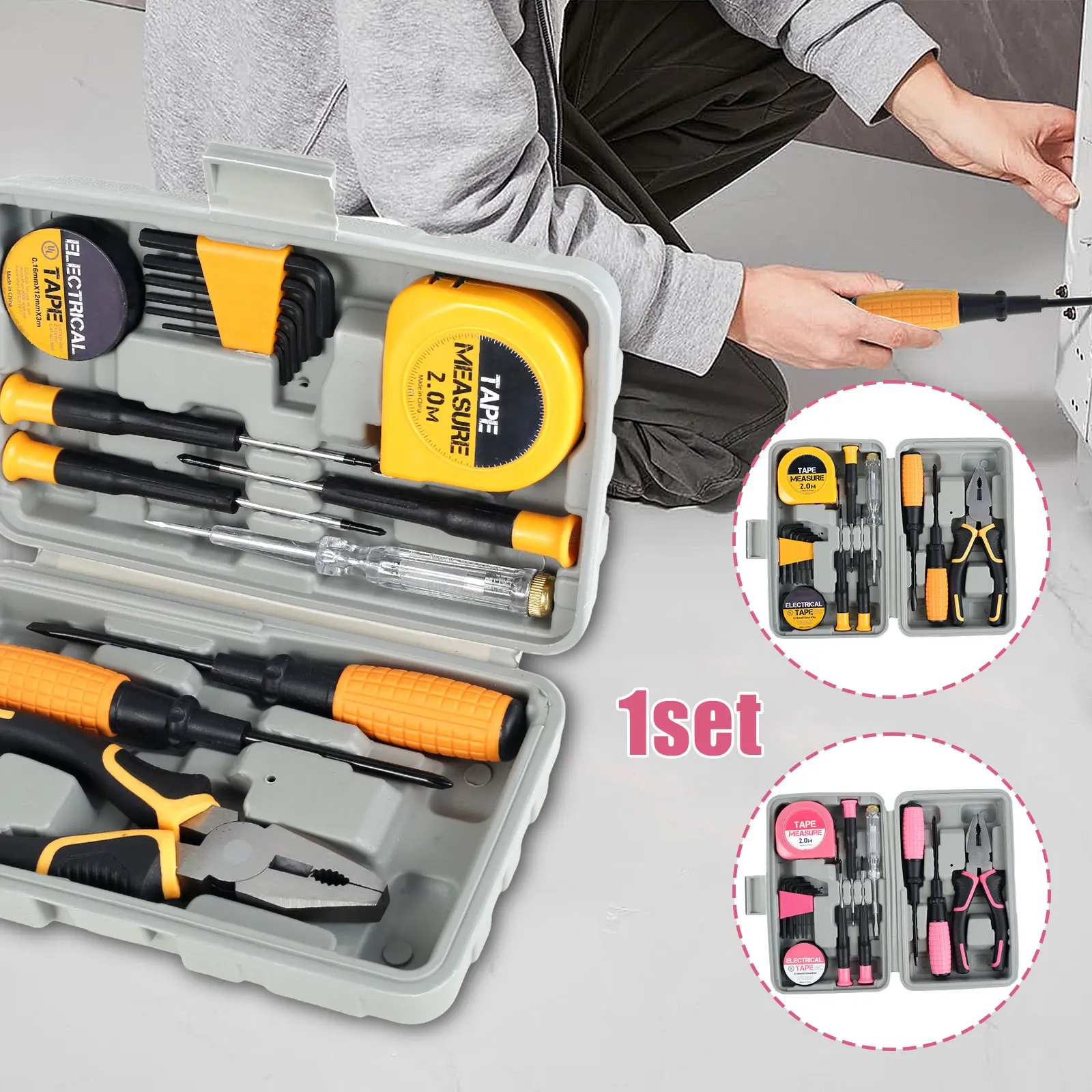 

15Pcs Household Repair Tool Kit Multi-Purpose Home Hand Tool Set with Storage Case Home Hardware Combination Tool Kit with Wire