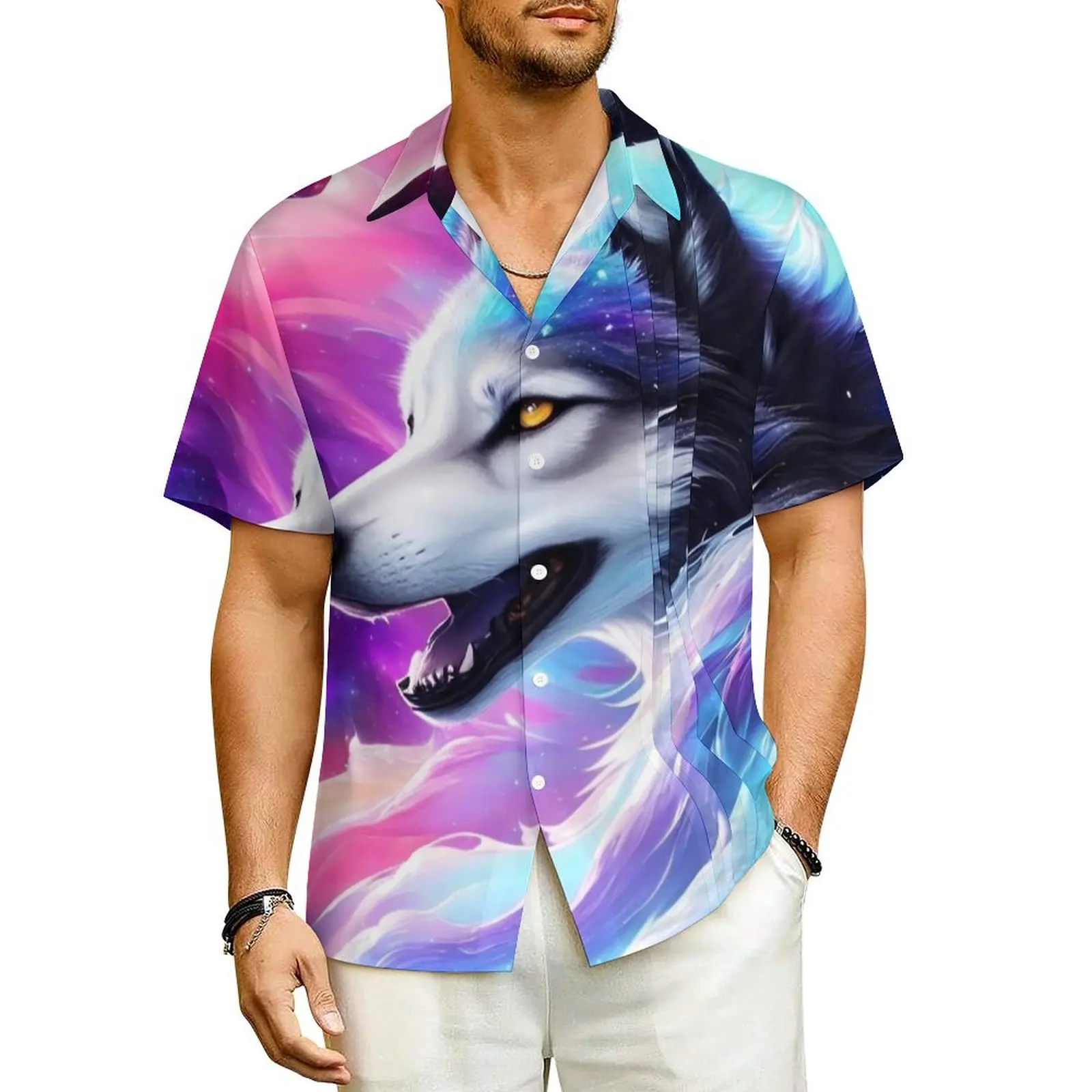 

Hawaiian Shirt Beach Dreamy Wolf Blouses Animal Print Vintage Casual Shirts Mens Short Sleeve Street Style Oversized Clothing