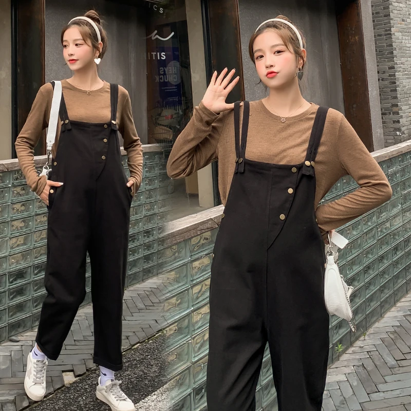 Autumn Korean Fashion Maternity Bib Pants Black Loose Jumpsuits Clothes for Pregnant Women Pregnancy Overalls T Shirt Sets