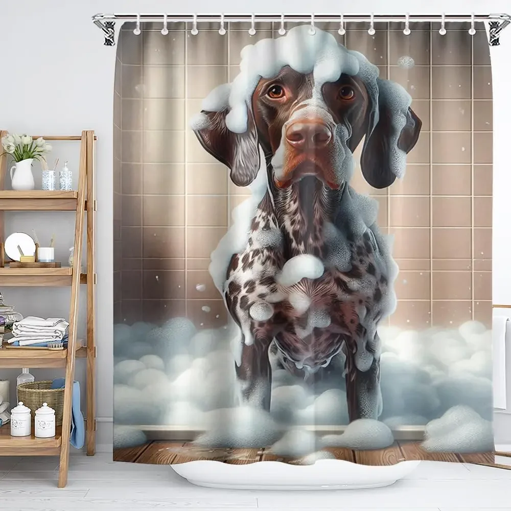 Funny Animal Shower Curtain German Shorthaired Pointer Bathroom Curtain Funny Dog Taking Shower Print Shower Curtain Set Gift