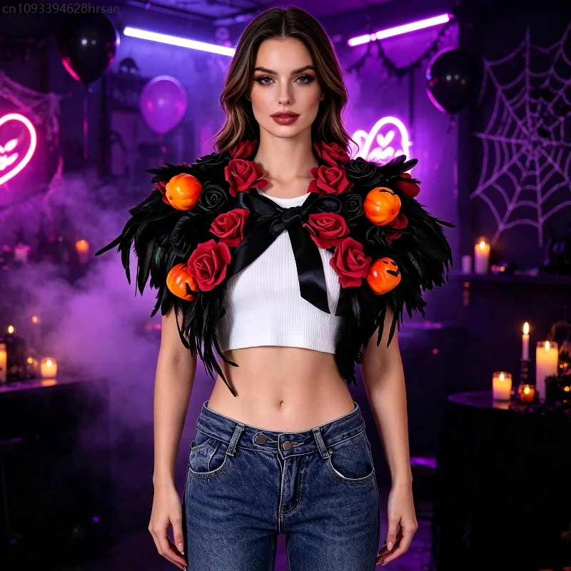 魔女コスプレパーティーステージ衣装小道具ハロウィンゴシックフェザーショルダーシュラッグフェイクカラーレッドローズパンプキン蝶ネクタイアクセサリー