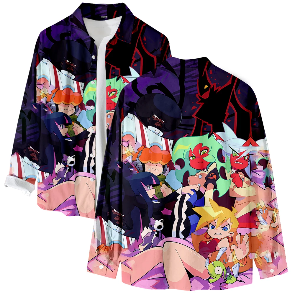 Panty and Stocking Anime Long Sleeve Shirts V-Neck Turn-down Collar Button Shirt Casual Style Tops