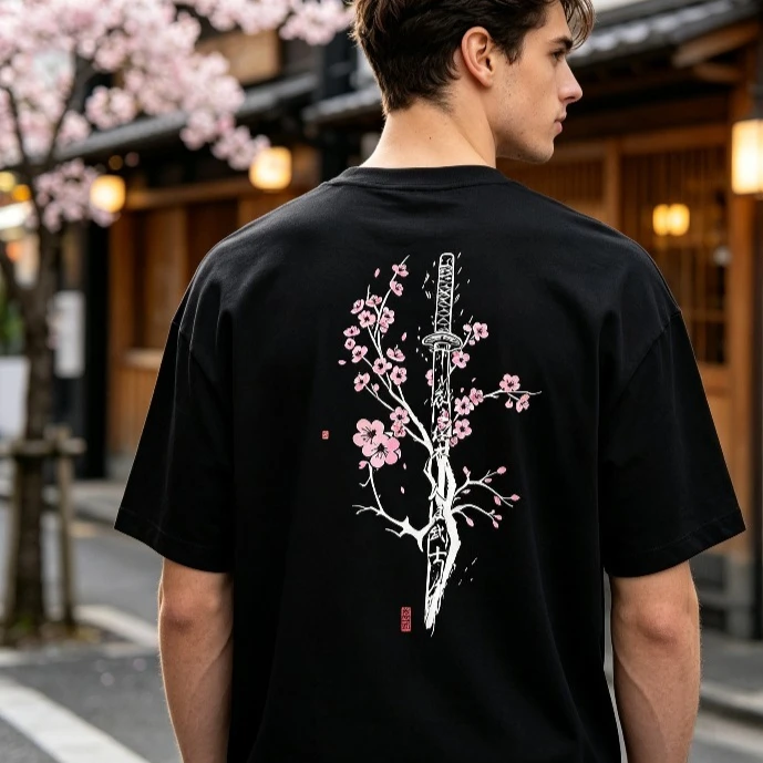 Cherry Blossom Samurai Sword Graphic T-Shirt Men’s Japanese Sakura Back Print Soft Modal Crewneck Tee Casual Top