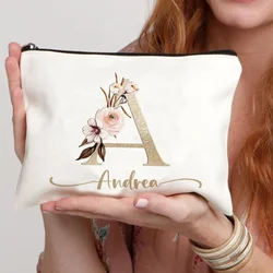 Borsa per il trucco con lettere floreali alla moda nome personalizzato organizzatore cosmetico da viaggio borsa da damigella d'onore regalo di nozze borsa laterale in tela da donna