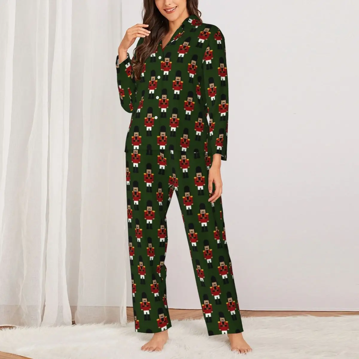 Pajamas Woman Nutcracker Home Nightwear Solider Print Two Piece Aesthetic Pajama Set Long Sleeve Warm Oversized Home Suit