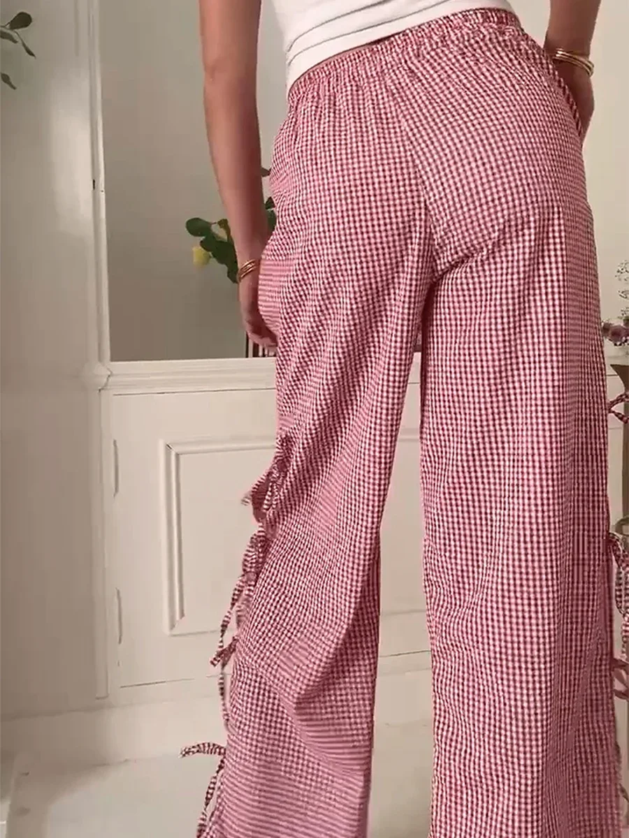 Women Y2k Vintage Plaid Print Fashion Long Pants Side Tie Bow Wide Leg Pants High Waist Gingham Casual Trousers Lounge Pants