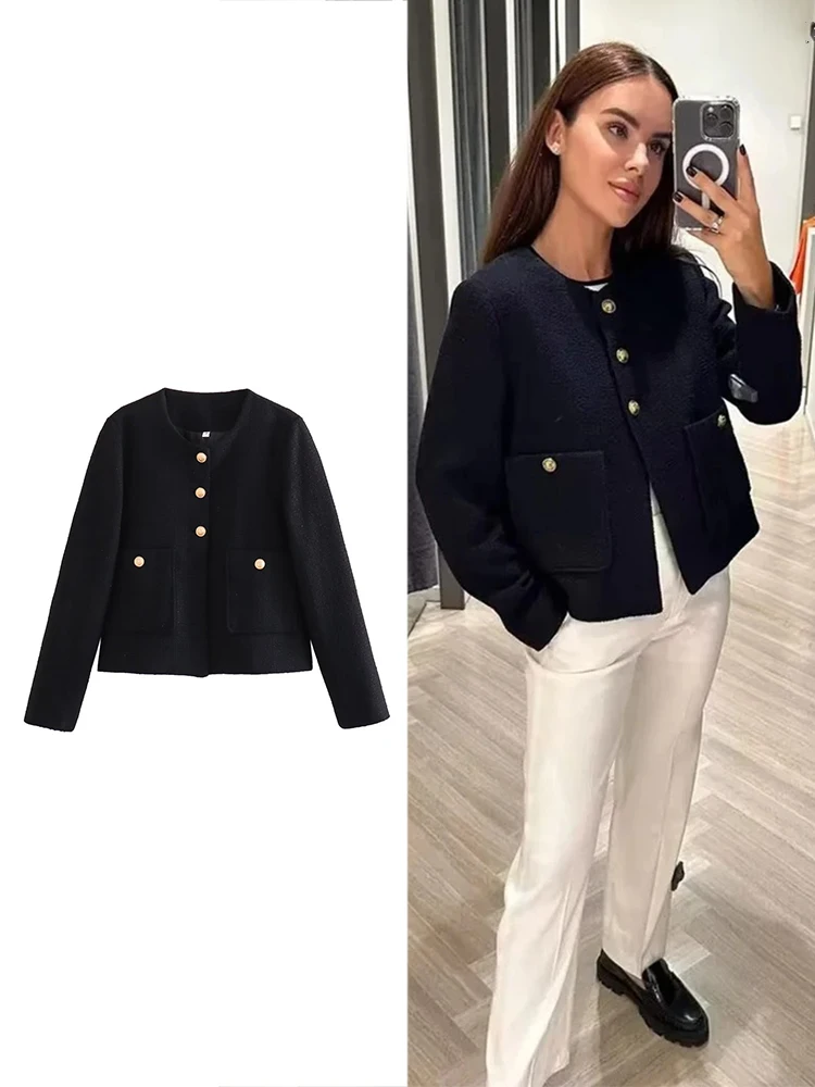 ZABA Women Fashion Single Breasted O Collar Long Sleeve Loose Tweed Short Jacket Casual Elegant Button Pocket Plaid Blazer