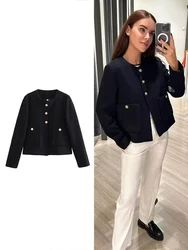 ZABA Women Fashion Single Breasted O Collar Long Sleeve Loose Tweed Short Jacket  Casual Elegant Button Pocket Plaid Blazer