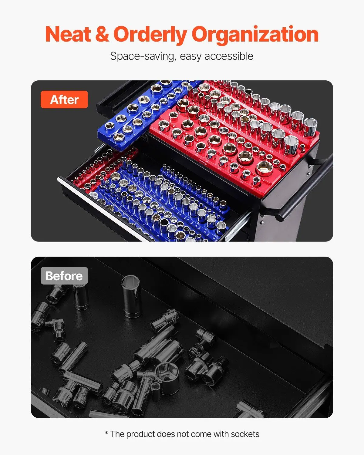 مجموعة منظم المقبس المغناطيسي ABS المقوى 8 قطعة 199 فتحة علبة زرقاء حمراء لمحرك متري SAE 1/4 إلى 1/2 #4