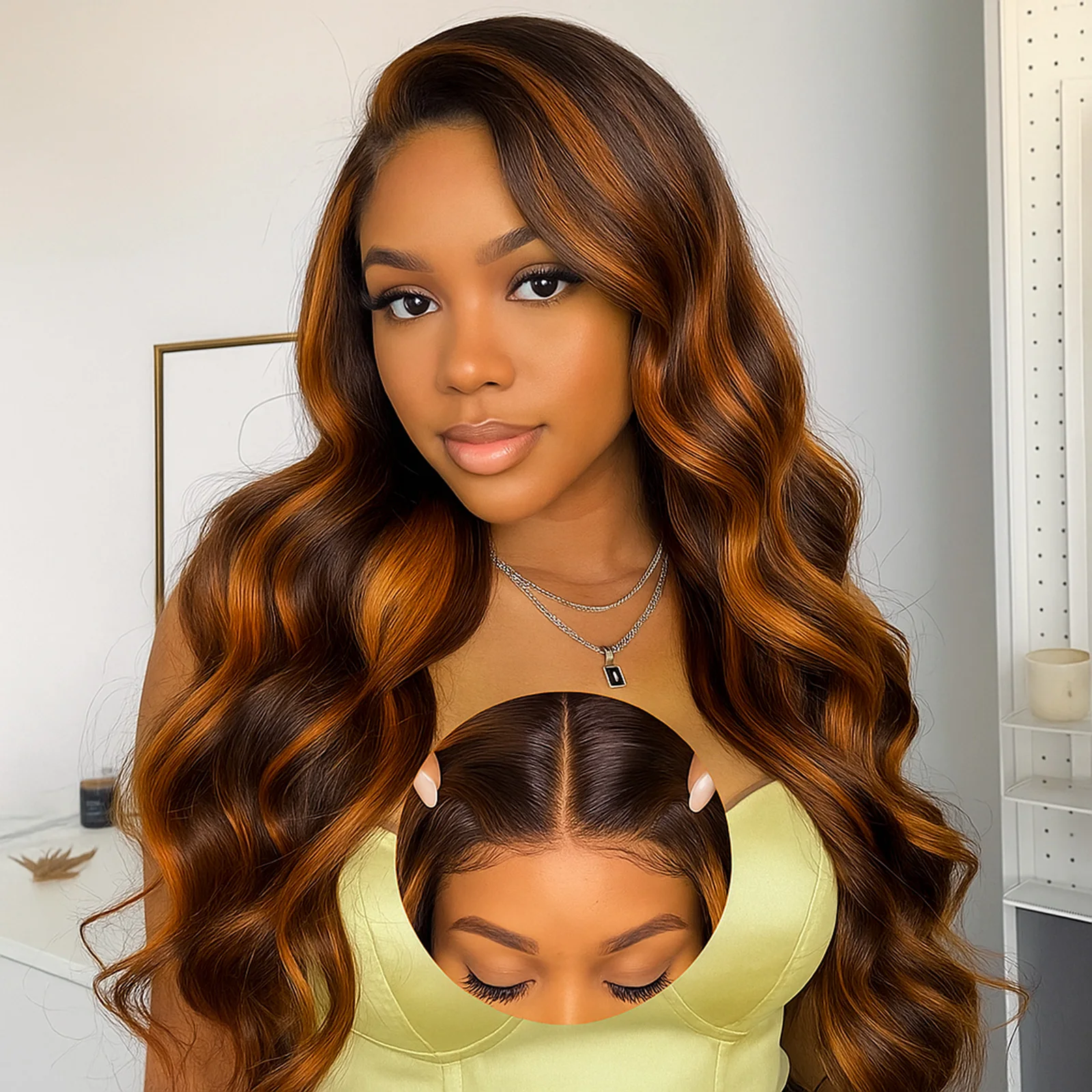 # 4/350 ترقية أومبير براون مزيج الزنجبيل الجسم موجة تسليط الضوء على شعر مستعار الفيتنامية 5x5 الدانتيل الجبهة غلويليس الباروكات شعر الإنسان جاهز لارتداء