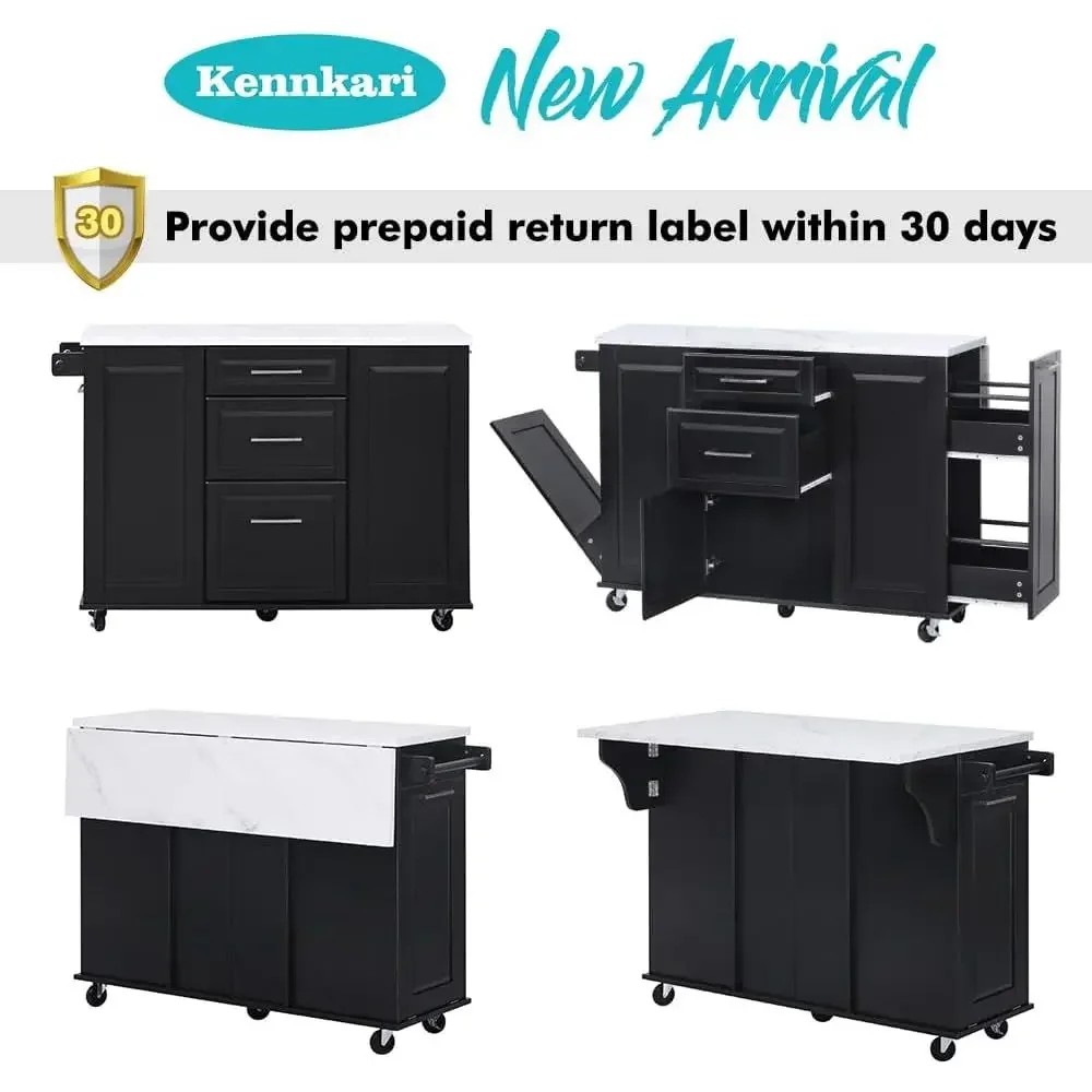 50.7 Mobile Kitchen Island with Trash Bin Storage, Drop Leaf and 2 Drawers in Black