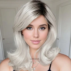 Synthetic Long Wavy Wigs for White Women Gradient Dark Roots Silver Grey Wigs Bride of Chucky Cosplay Side Bangs Curly Hair Mom