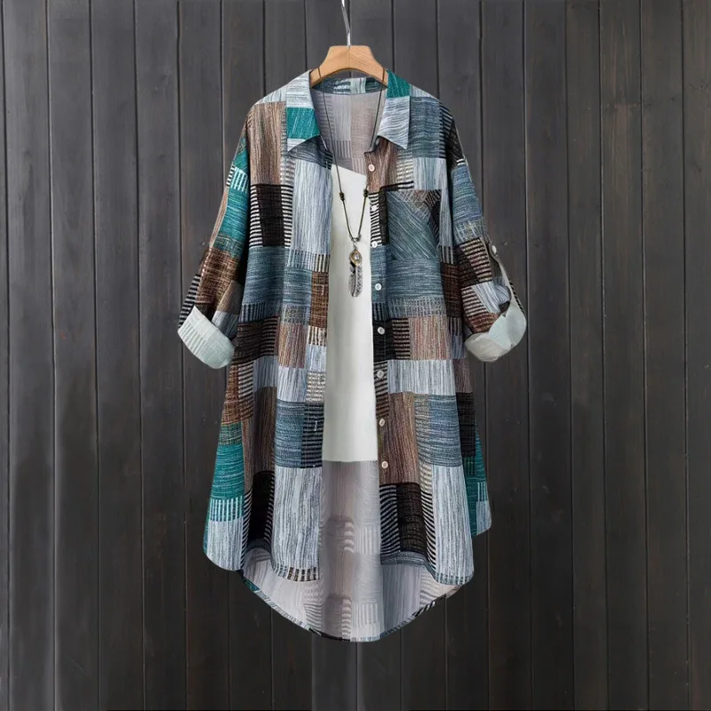 

Women's mid-length shirt, large size loose hip-covering top, casual long-sleeved plaid shirt, sun protection shirt