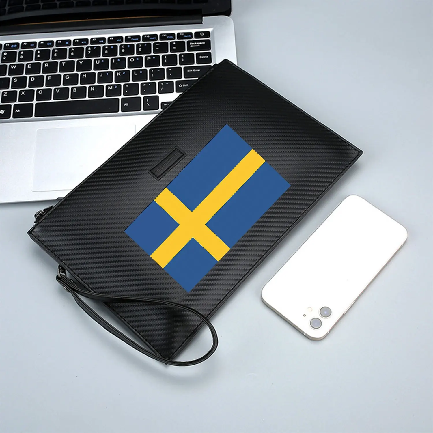 Forme rettangolari blu croce gialla Elegante borsa da uomo in PU stampata Alla moda e pratica per il trasporto quotidiano