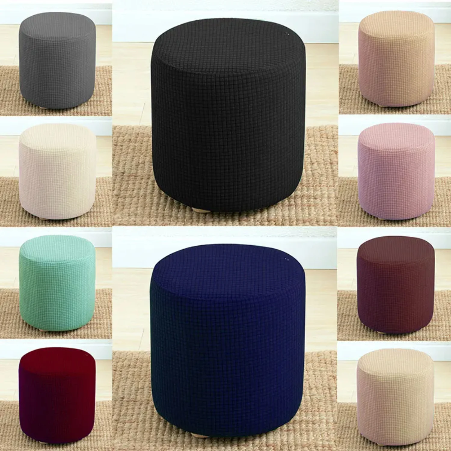 Elastic Polyester Round Shape Check Ottoman Covers Seat Cover Chair Cushion Protective Living Room Chair Slipcovers Comfortable