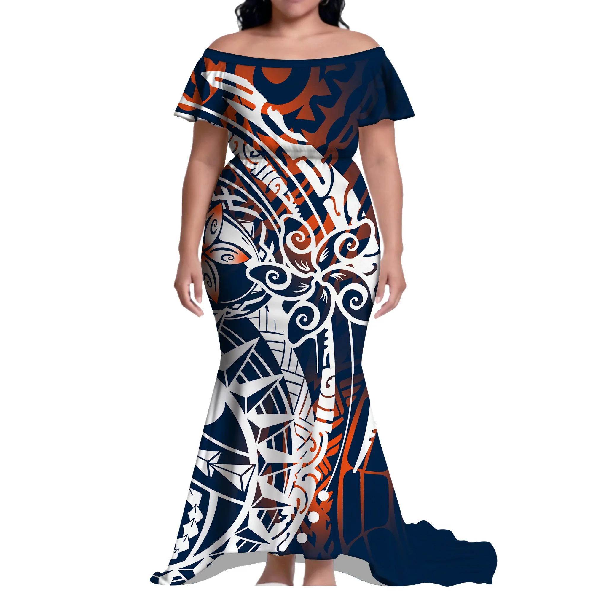 

New High-Quality Polynesian Women'S Dress Off-The-Shoulder Short-Sleeved Cinched Waist Floor-Length Evening Dress For Banquets