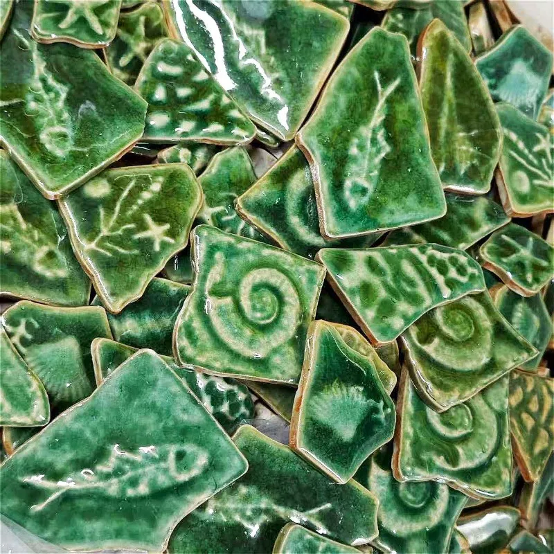 100g Irregular Ceramic Mosaic Marine Plant Relief Patterned Tiles DIY Mosaic Making Stones for Craft Hobby Arts Wall Decoration