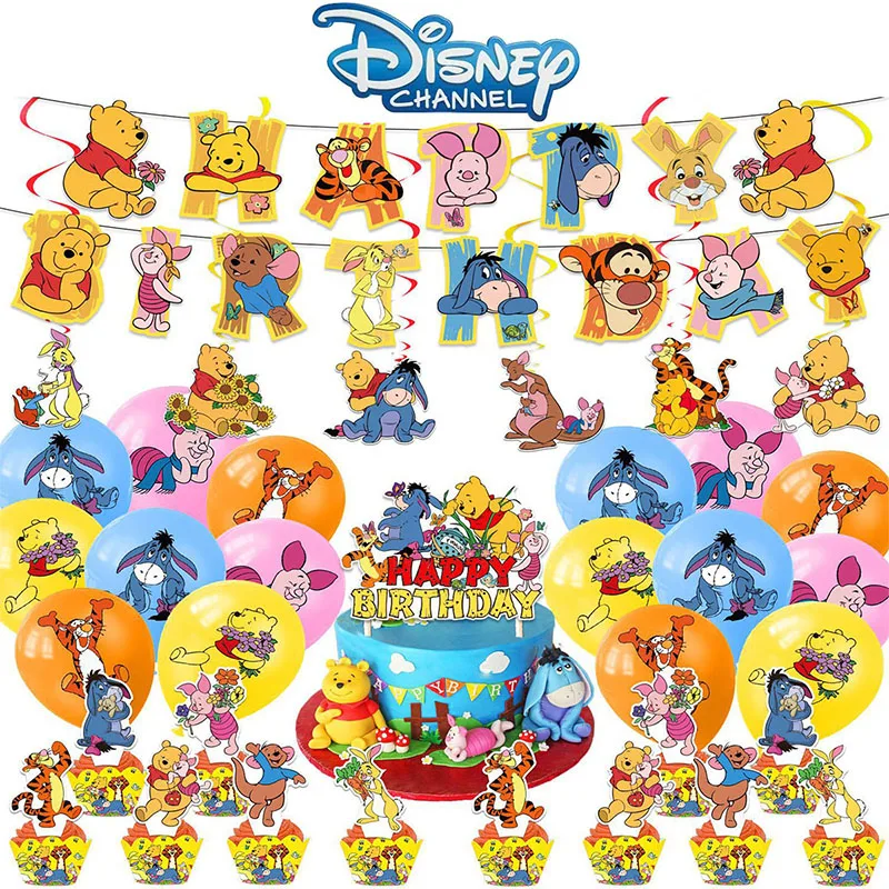 Cartoon Anime Pooh Bear Theme Birthday Party Anime Action Figure Image Banners Cake Topper Balloon Baby Shower Supplies Event