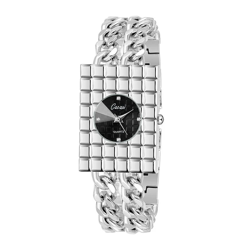 KAIRIS Women's Silver Quartz Watch Black Dial Double Chain Bracelet Elegant Luxury Fashion Wristwatch for Ladies