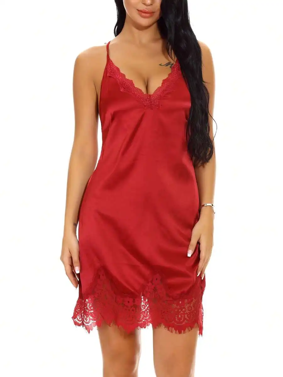 

Women Satin Chemise Nightgown Lace Trim V Neck Sleepwear Lingerie Dress