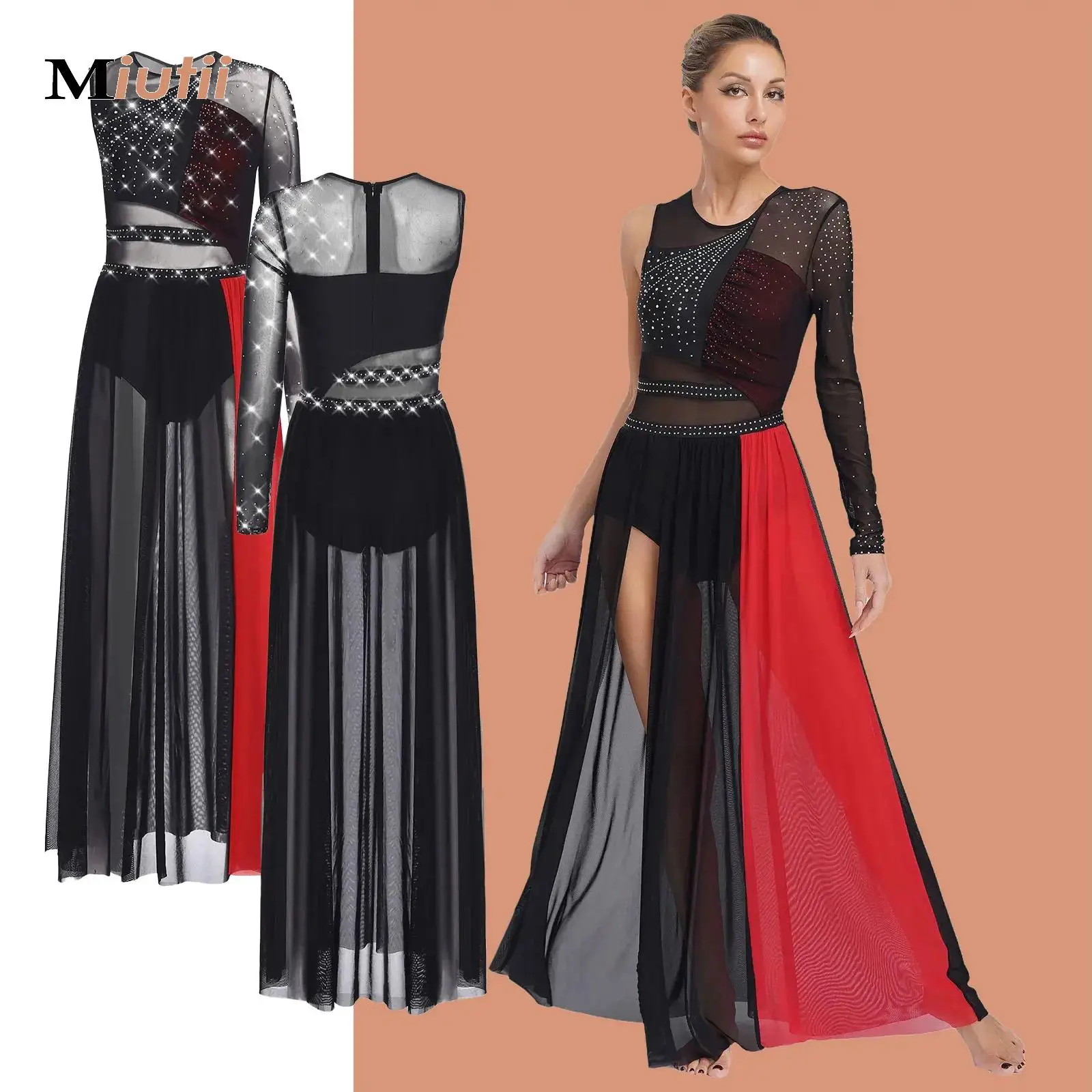 

Женское блестящее прозрачное сетчатое балетное платье со стразами и боковым разрезом, лирическое современное танцевальное платье, костюм для выступлений