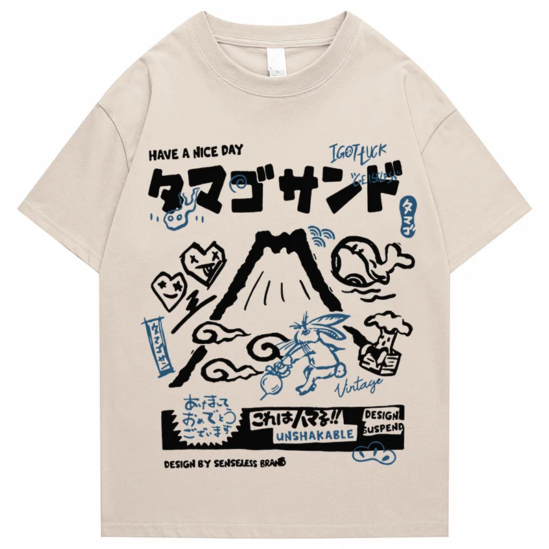 Men Tshirt Streetwear Japanese Kanji Cartoon Vocano Rabbit Graphic T-Shirt Harajuku Summer 2023 Cotton T Shirt Hip Hop Tops Tees