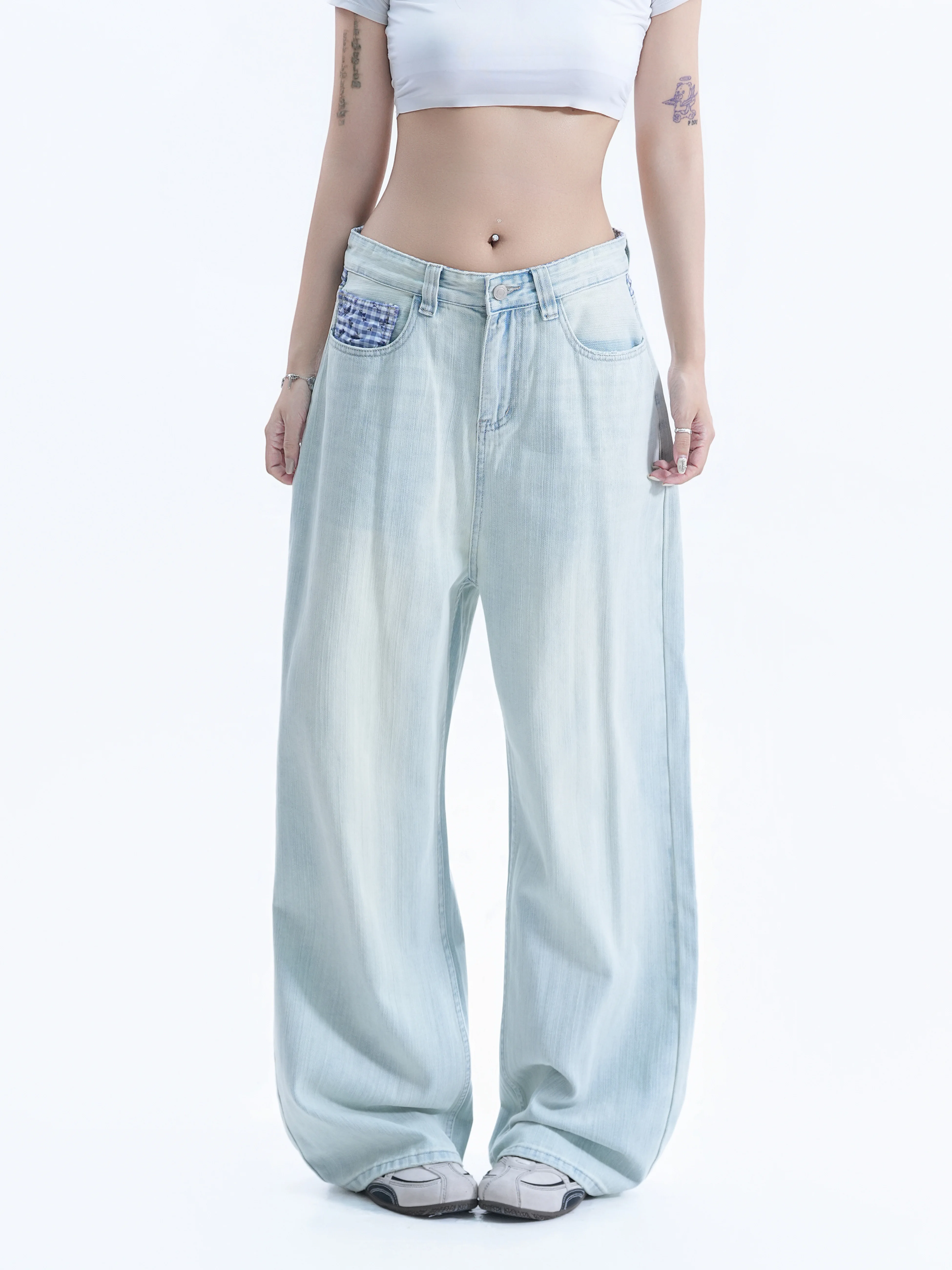 American Letter Embroidery Wide Leg Jeans Patchwork Loose Slimming Countryside Style Floor-Length Pants Casual Style