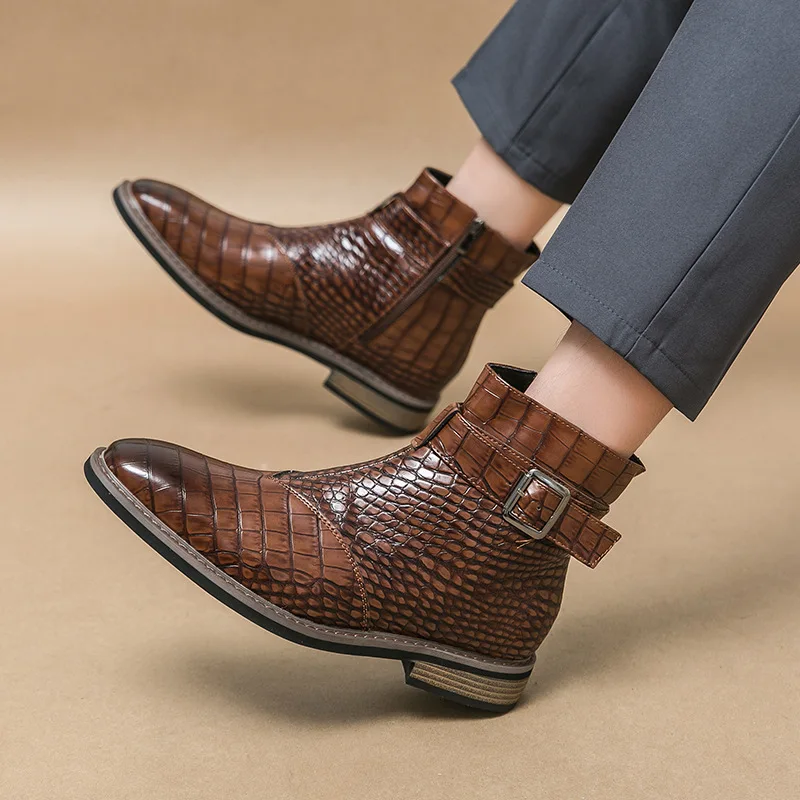 

Мужские ботильоны, модные кожаные ботинки с острым носком, дизайнерские высокие ботинки с крокодиловым узором для мужчин, повседневные деловые модельные ботинки