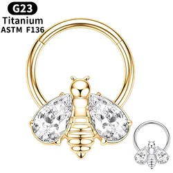 F136 G23 Titanium Septum Ring Zircon Bee 16G Hinged Segment Piercing Nose Ring Hoop Cartilage Tragus Helix Earring Body Jewelry