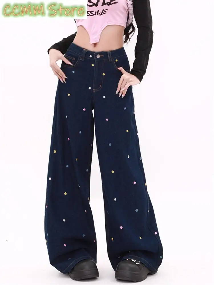 

Women's Wide Leg Flower Embroidery Pattern Baggy Jeans Vintage Streetwear Cool Girl High Waist Pant Female Casual Denim Trousers