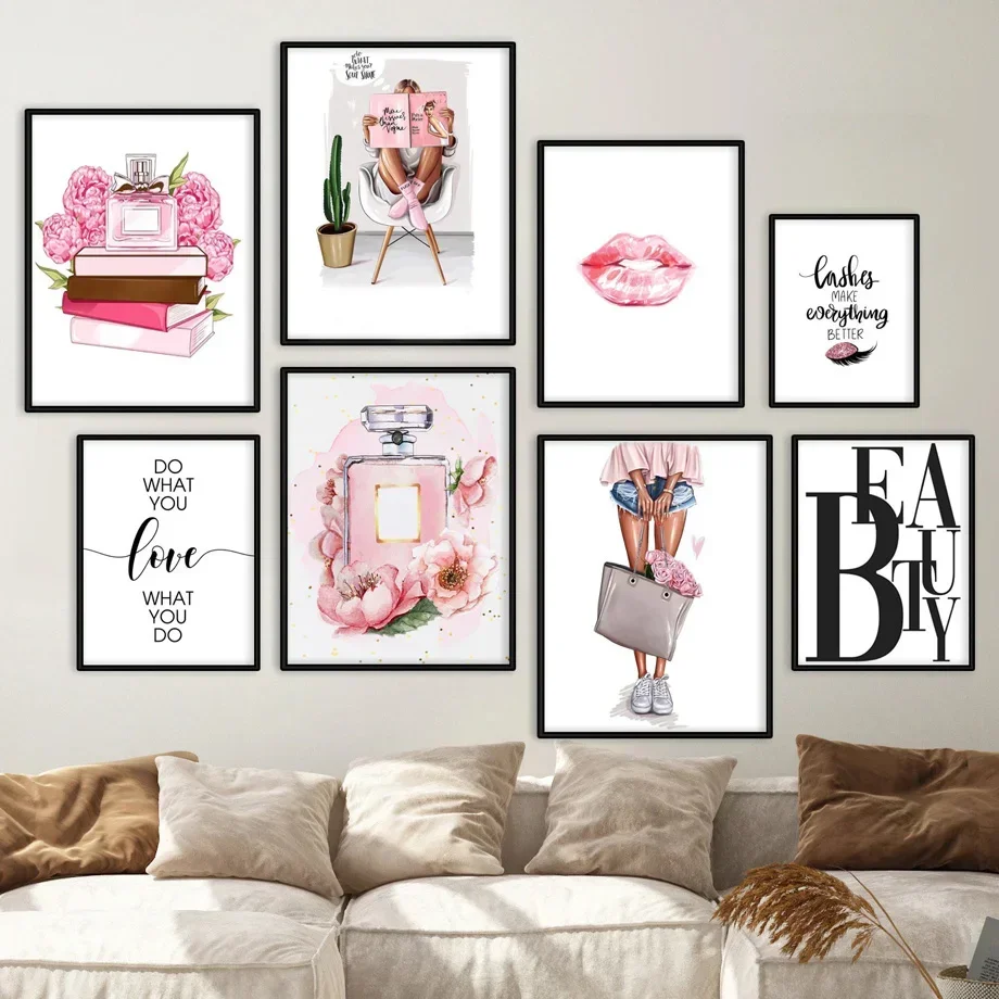 Abstract Fashion Girl with Perfume Lipstick & High Heels Wall Art Canvas Painting - Living Room Decorative Poster Print