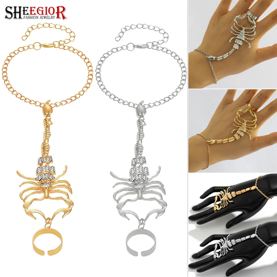 Punk Finger link Bracelet Rhinestone Scorpion Ring Bracelet Tassel Hand Chain Vintage Slave Bracelets for Women Accessories Gift