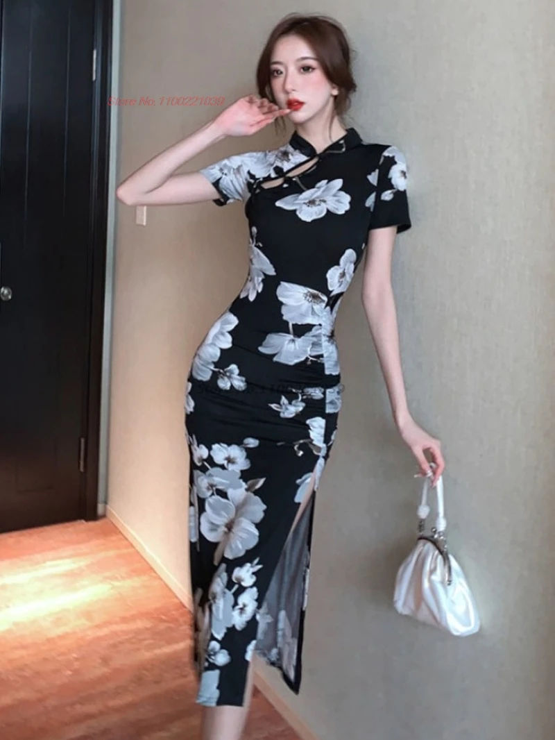 

Китайское сексуальное платье 2021, улучшенное Cheongsam с национальным цветочным принтом, эластичное Ципао, традиционное вечернее платье для ночного клуба, банкета, Ципао