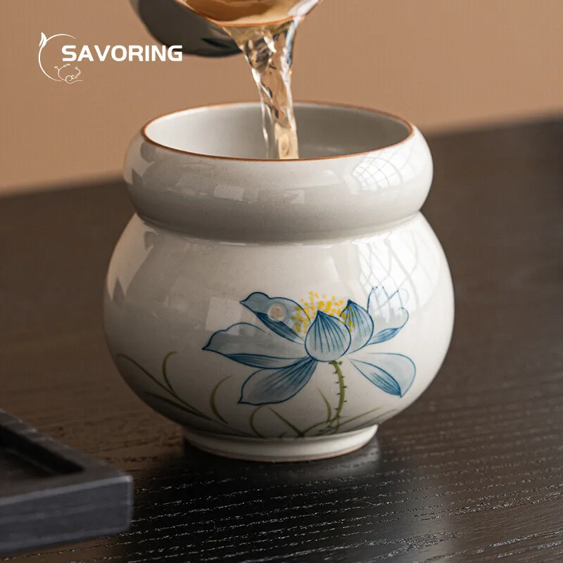 350ml Plant Ash Hand-painted Blue Lotus Jianshui Pen Wash Water Bowl Tea Residue Jar Ceramic Kung Fu Tea Set Six Gentlemen Set