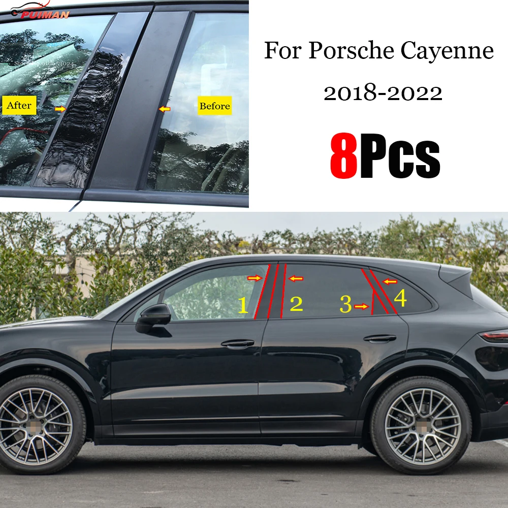 

New Hot 8PCS Polished Pillar Posts Fit For Porsche Cayenne 2018 - 2022 Window Trim Cover BC Column Sticker