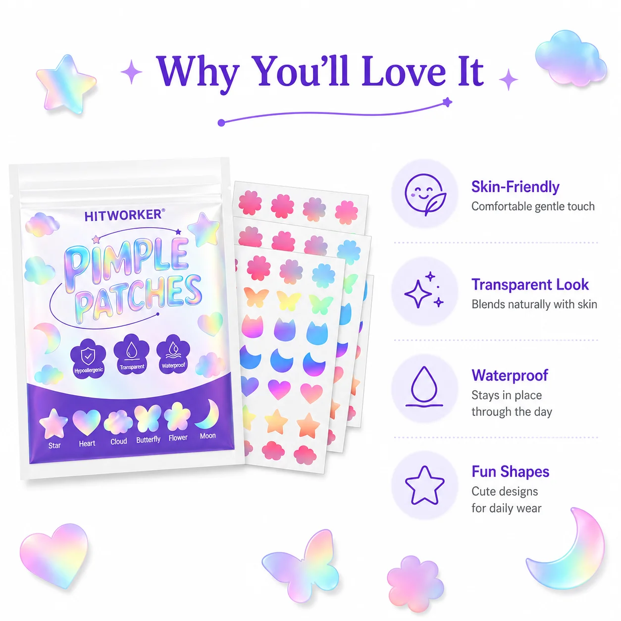 An 84-piece acne patch set featuring 6 different shapes, designed to conceal and treat acne