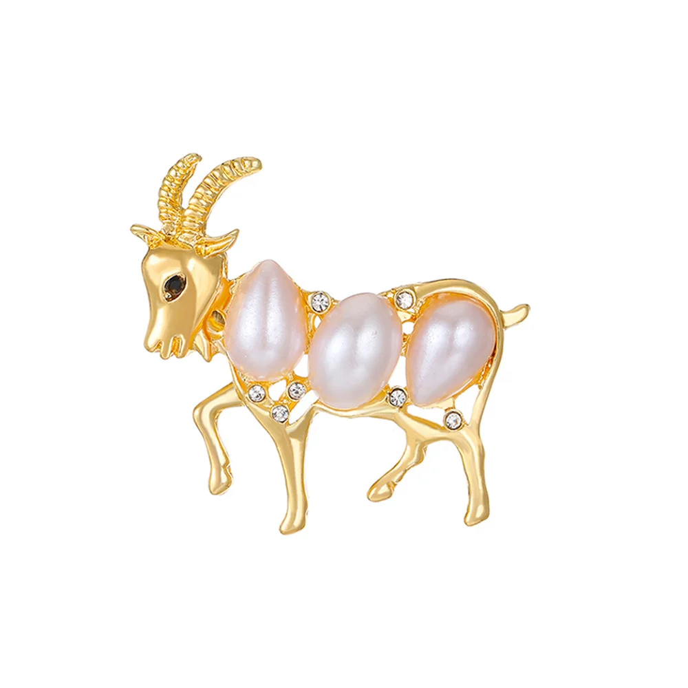 Zircon Goat Shape Brooches for Women\'s Clothing Fashion Pearl Rhinestone Goat Pin Jewelry Brooches Women Accessories Funny Gift