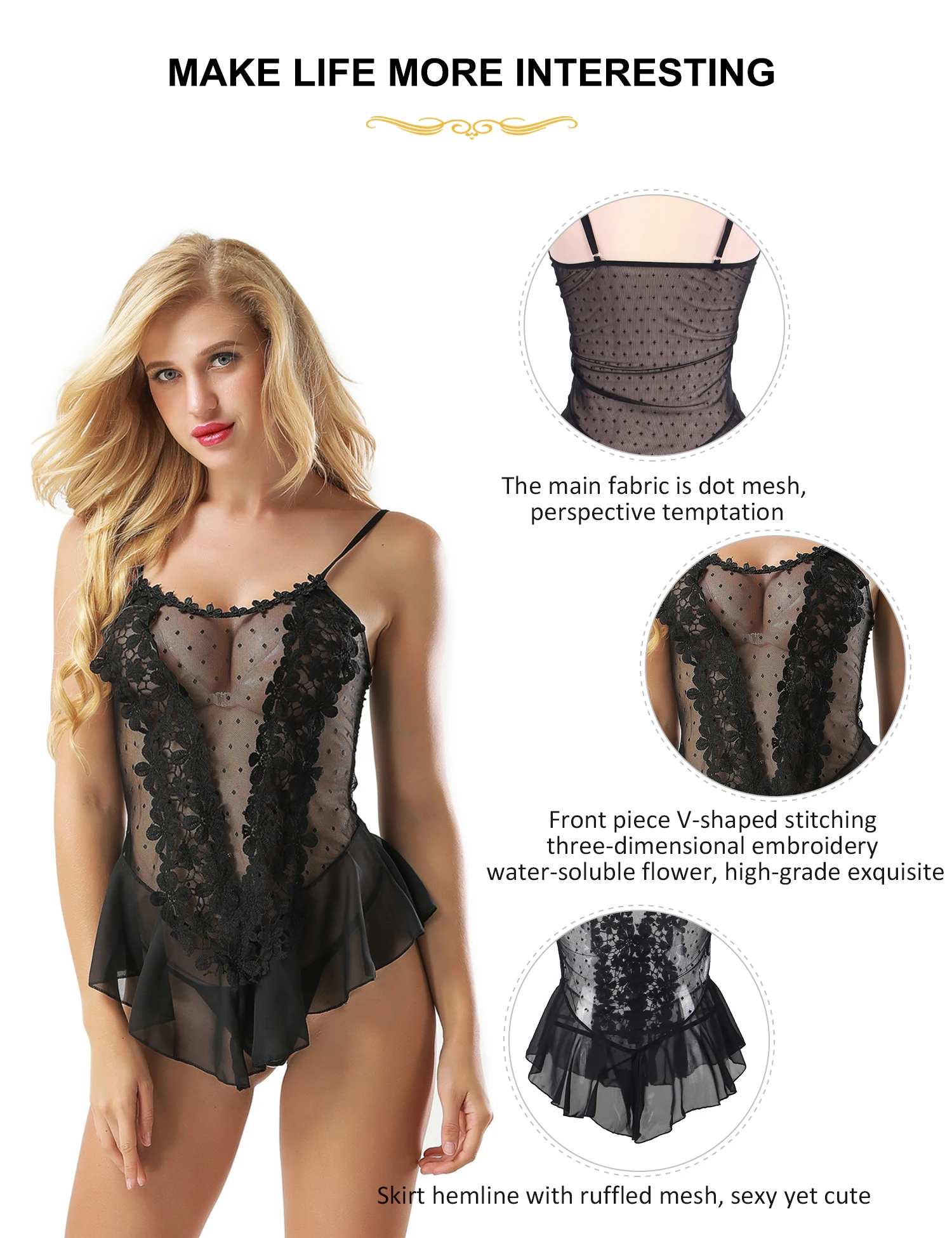 Comeondear Sexy Pajama Lingerie Strappy Women\'s Nightdress Lace Slim Nighty Curvy Erotic Babydoll Ruffles Black Sheer Nightwear