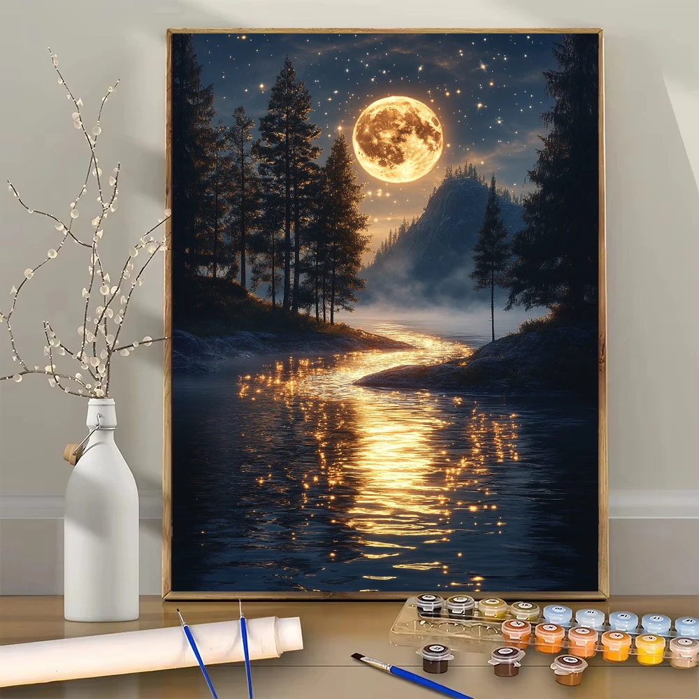 

Night view riverside digital oil painting DIY landscape home decoration handmade gift digital painting