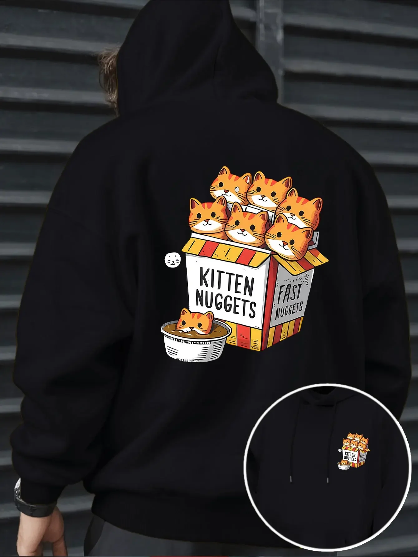 Funny Kitten Nuggets Back Print Hoodie Cartoon Fast Food Box Cat Dual‑Side Graphic Pullover Hooded Sweatshirt Unisex Loose Fit