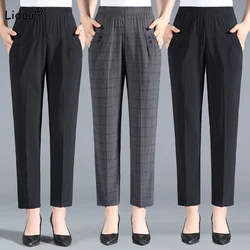 Summer Office Lady Fashion Casual Pockets Plaid Cropped Pants Women's Clothing Simplicity Elastic High Waist Straight Trousers