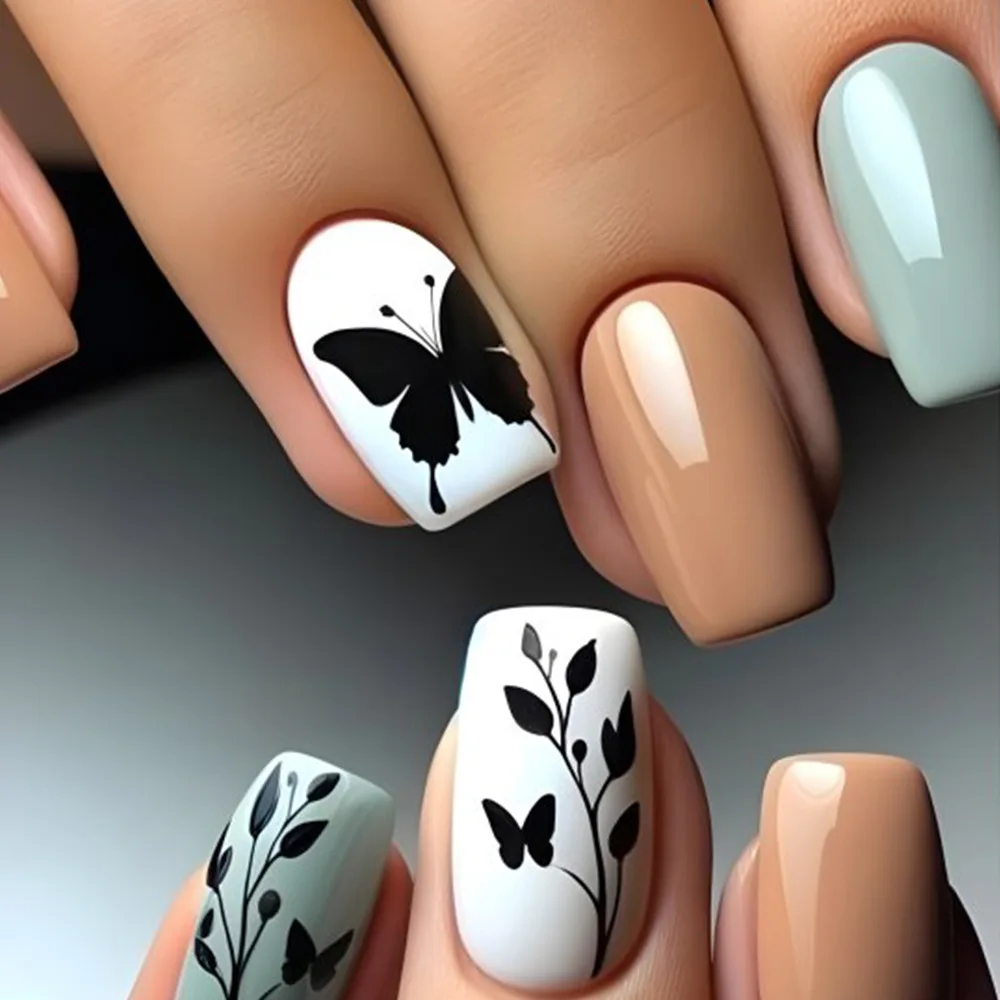 24 stuks herfst kunstnagels druk op nagels glanzende vlinderbloem retro Franse vierkante ballerina nagels draagbaar eenvoudige nep-nagelkunst