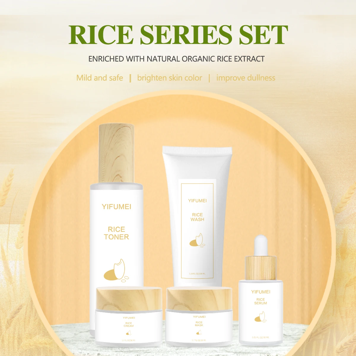 5Pcs/set Rice Skin Care Set Whitening Cream Serum Facial Cleanser Toner Cleaning Pores Firming Moisturizing Skincare Products