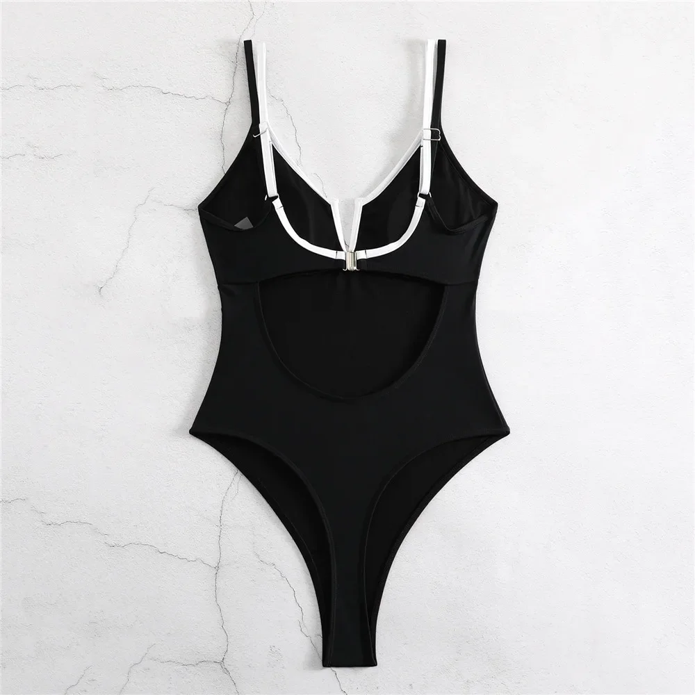 Sexy Black Backless Swimwear One Piece Swimsuit Woman 2025 High Cut Bathing Suit White Contrast Color Swim Suits Monokini Bather